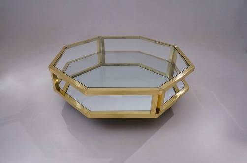 Maison Jansen brass two tier display coffee table, mirrored shelf, 1970`s ca, French